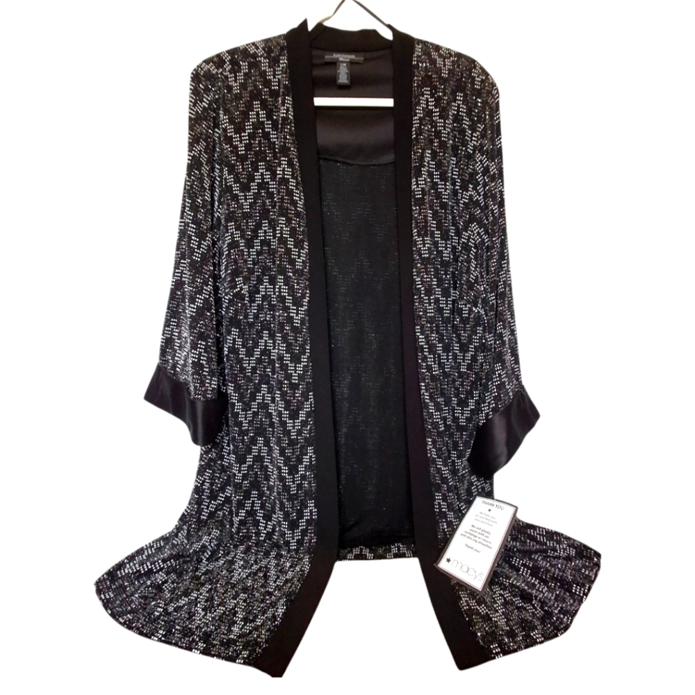 R&M Richards Open Front Kimono Jacket Metallic Black Silver Size 22W